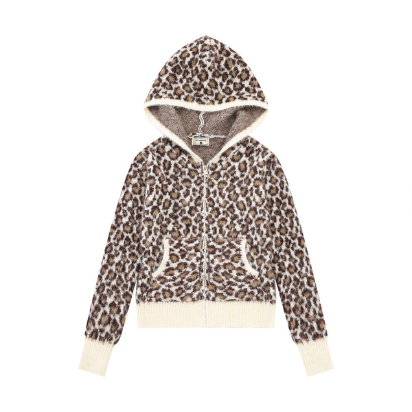 Leopard-Print Hooded Sweater | Gray & Apricot