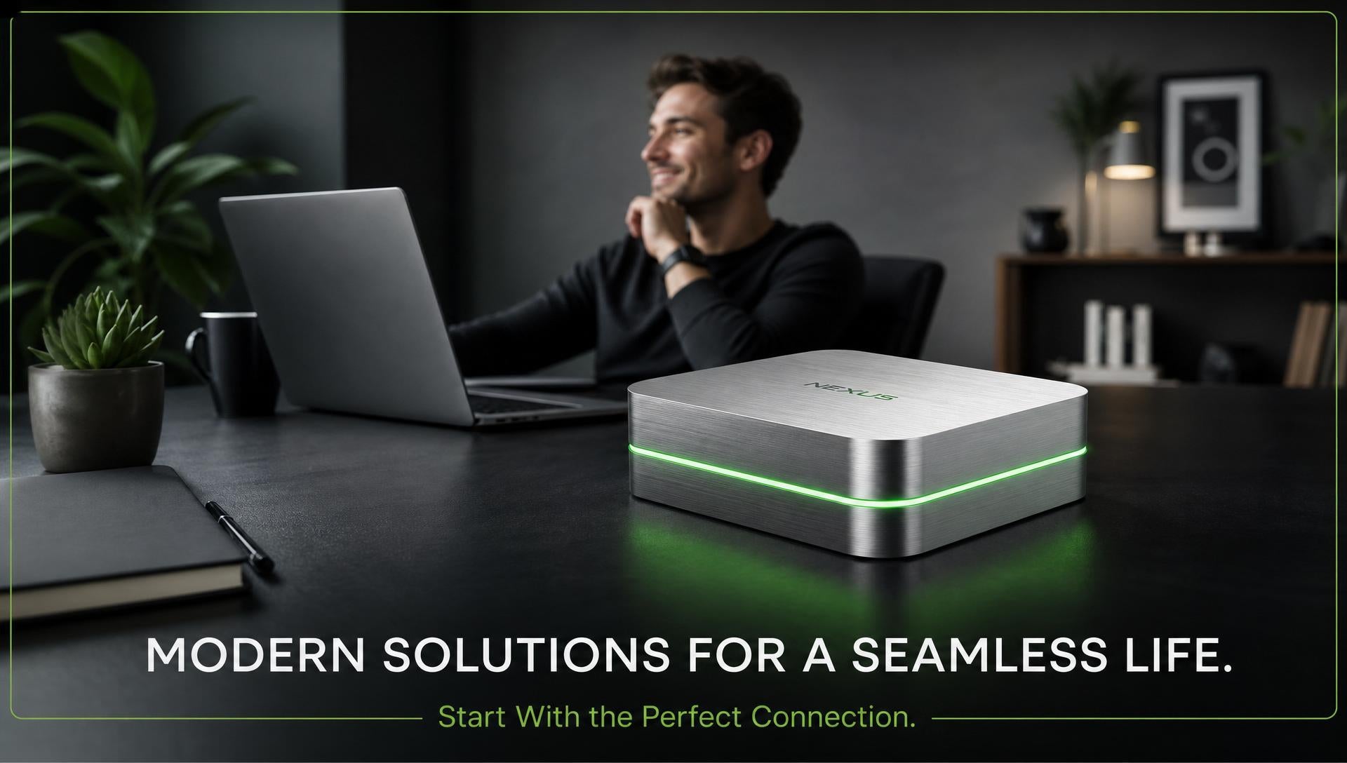 Metallic square smart hub glowing green on a modern desk with a person smiling at a laptop