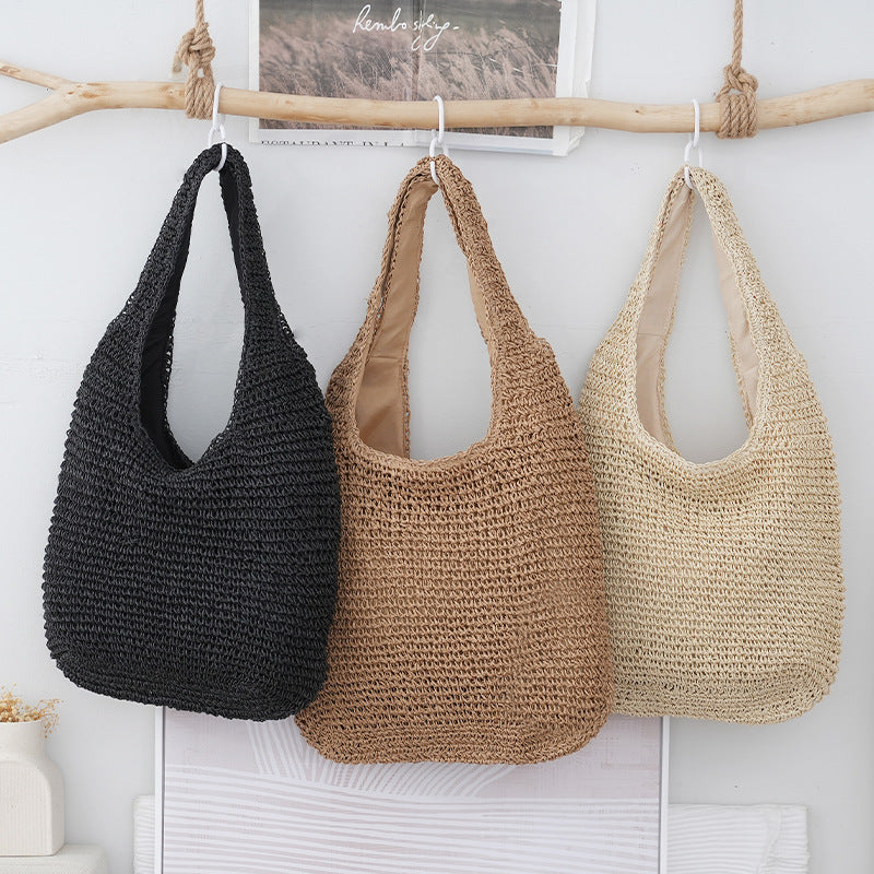 Woven Tote Bag with Zip Closure | Black, Beige & Khaki