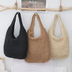 Woven Tote Bag with Zip Closure | Black, Beige & Khaki