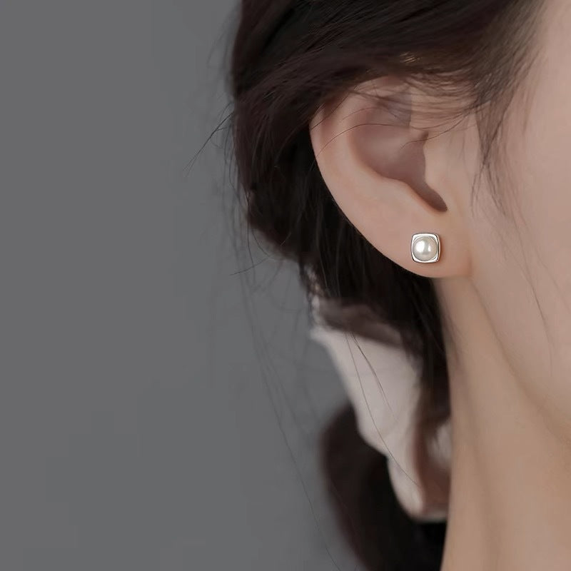 Freshwater Pearl Geometric Earrings – French Retro Style