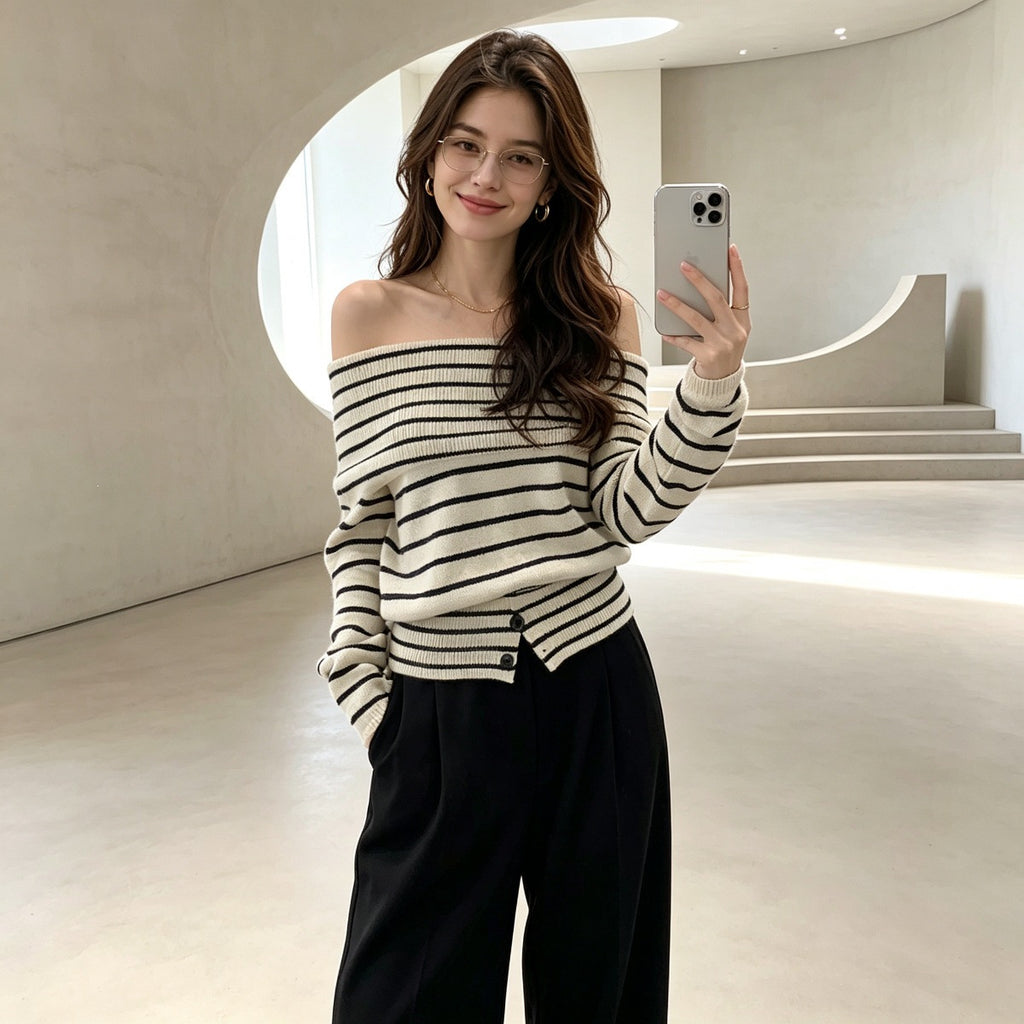 Women's Off-Shoulder Striped Sweater