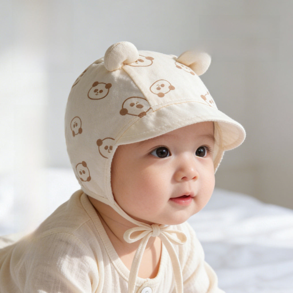 Chapeau bébé en coton à oursons et petit bord