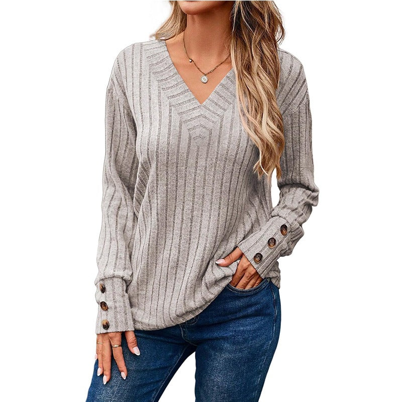Women's Ribbed V-Neck Long-Sleeve Top – Button Detail