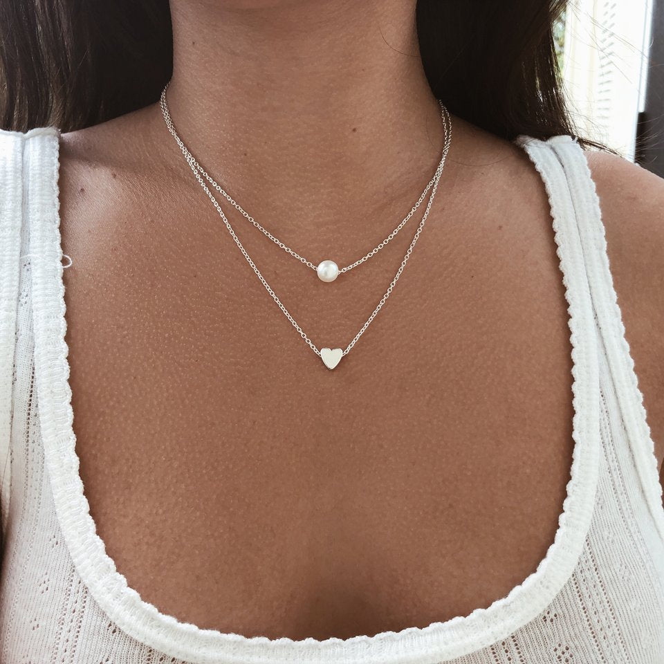 Double-Layer Heart & Imitation Pearl Necklace