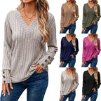 Women's Ribbed V-Neck Long-Sleeve Top – Button Detail