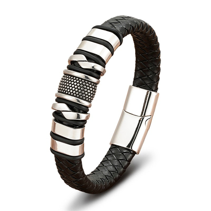 Woven Leather & Stainless-Steel Bracelet