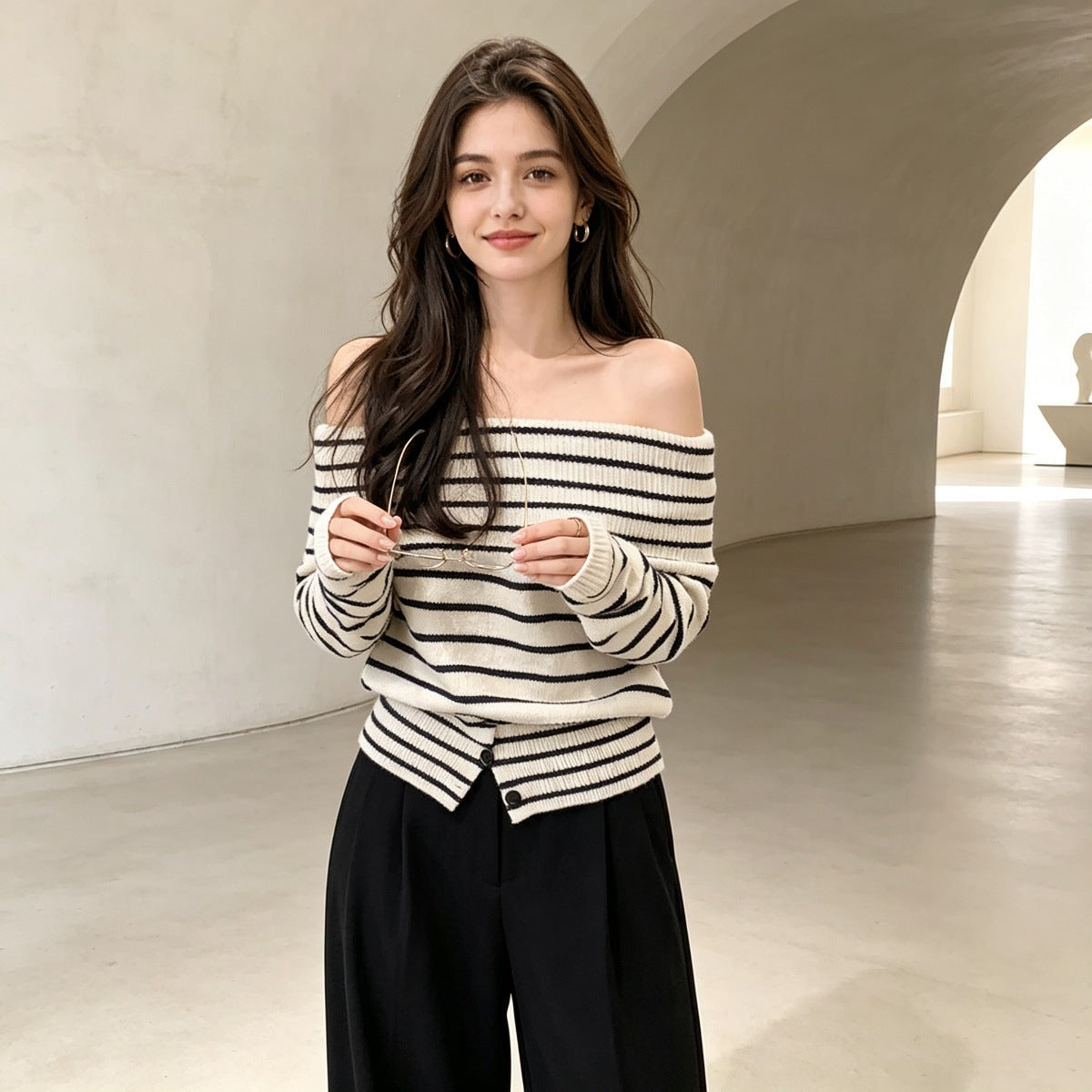 Women's Off-Shoulder Striped Sweater