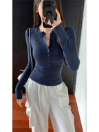 Women's Slim-Fit Long-Sleeve Top with Button Neckline