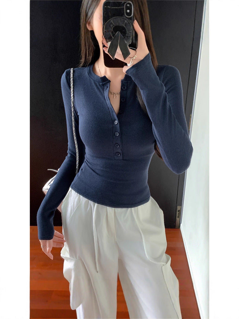 Women's Slim-Fit Long-Sleeve Top with Button Neckline