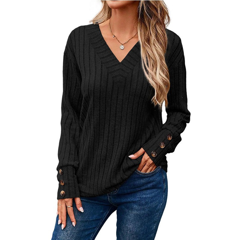 Women's Ribbed V-Neck Long-Sleeve Top – Button Detail