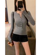 Women's Slim-Fit Long-Sleeve Top with Button Neckline