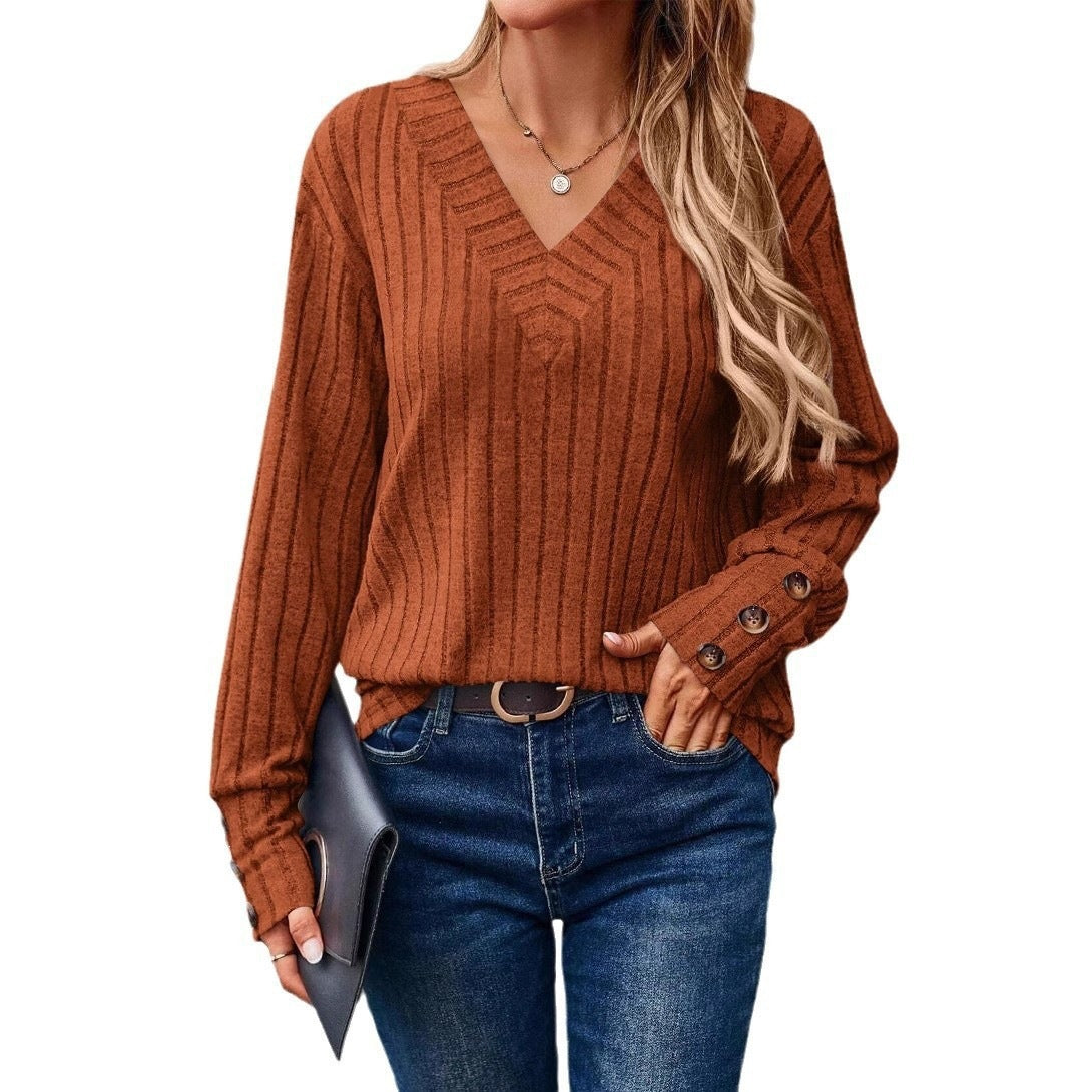 Women's Ribbed V-Neck Long-Sleeve Top – Button Detail