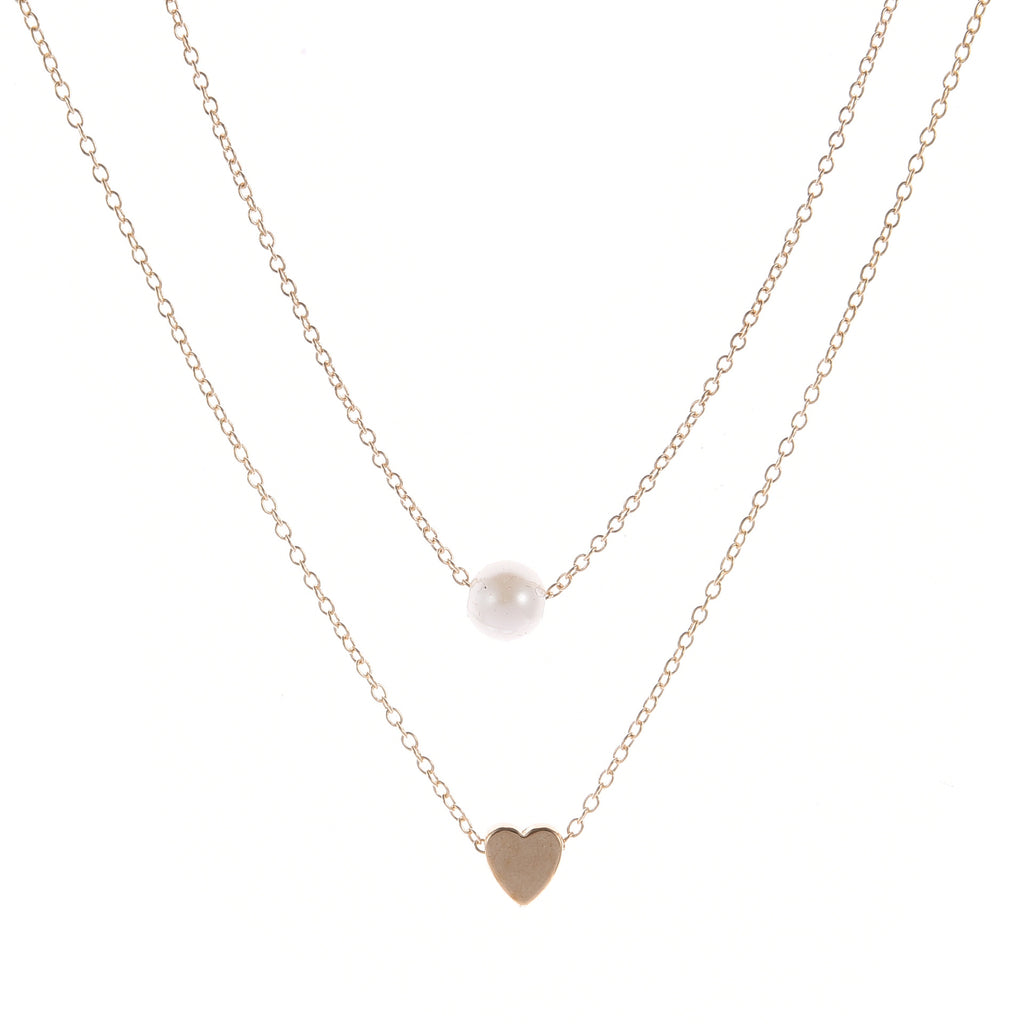 Double-Layer Heart & Imitation Pearl Necklace