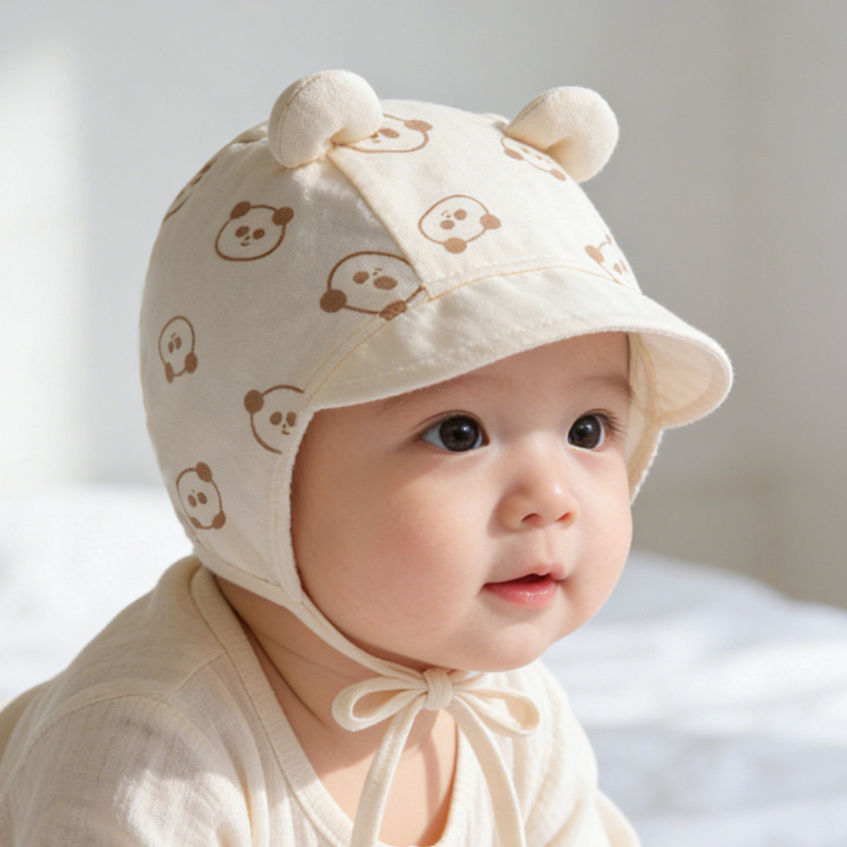 Baby Cotton Bear-Print Hat with Short Brim