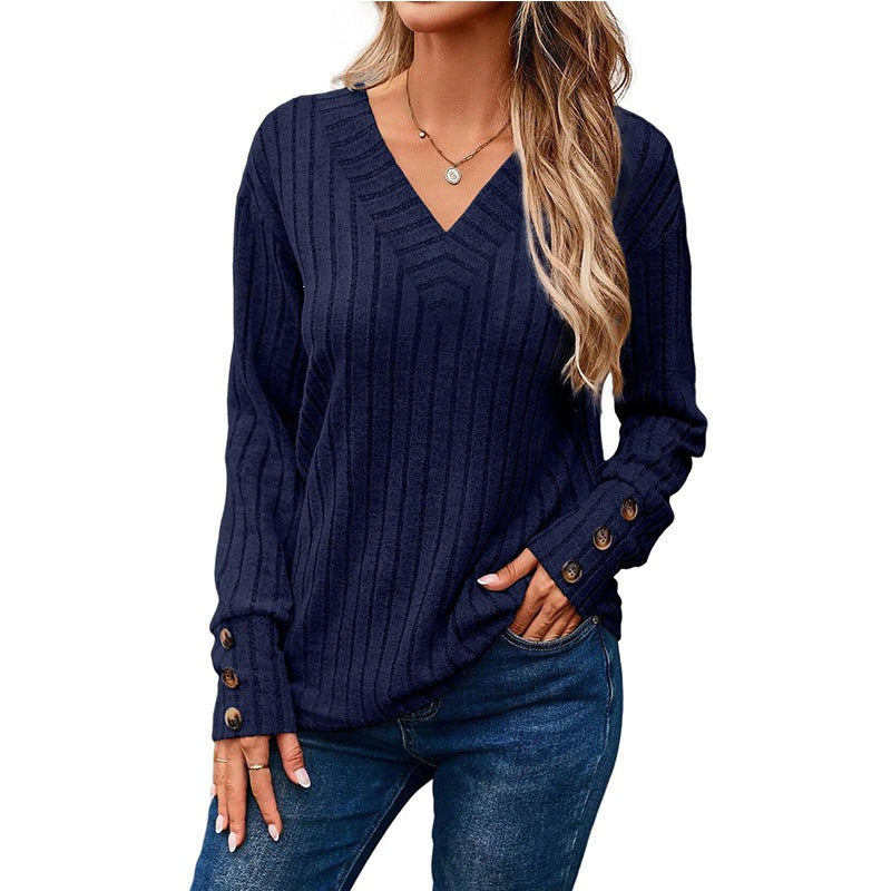 Women's Ribbed V-Neck Long-Sleeve Top – Button Detail