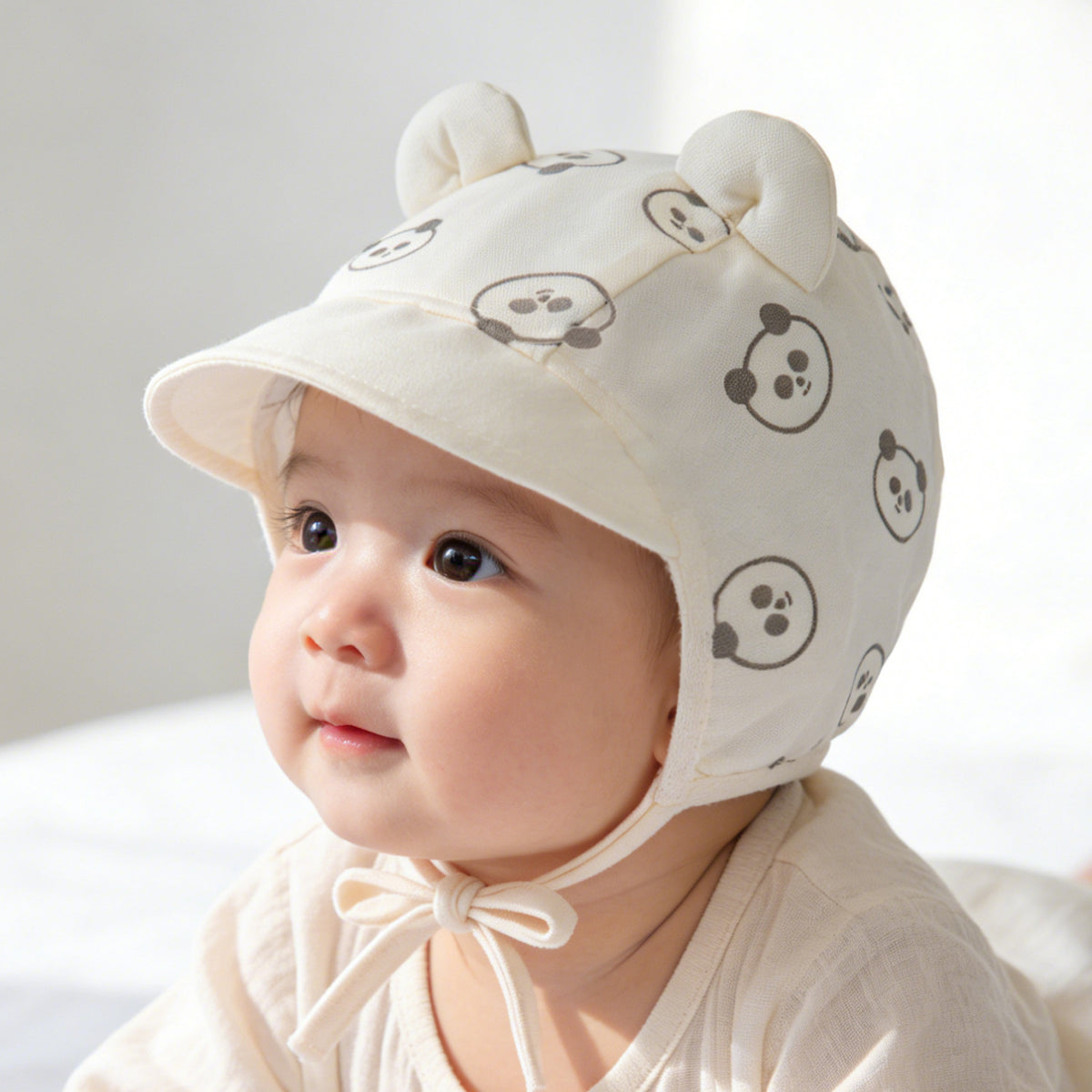 Baby Cotton Bear-Print Hat with Short Brim