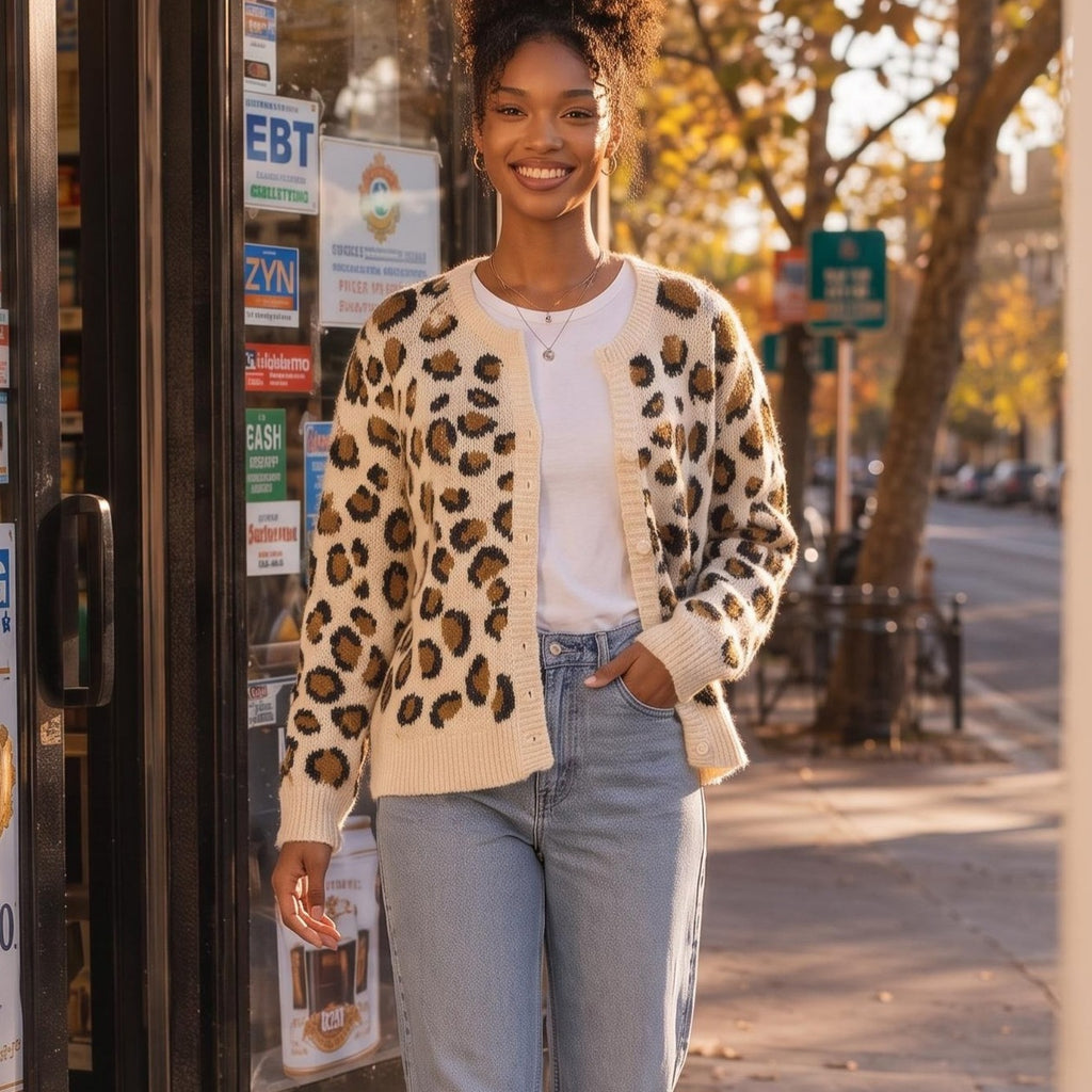 Leopard-Print V-Neck Sweater | Relaxed Fit