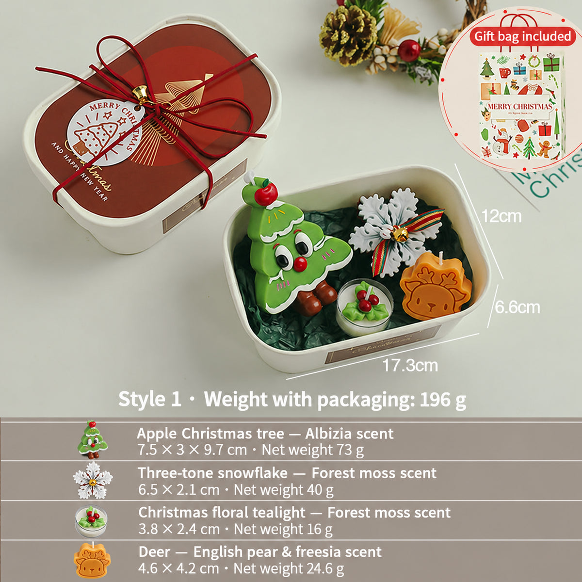 Christmas scented candle gift set Style 1: English dimensions, fragrances and net weights