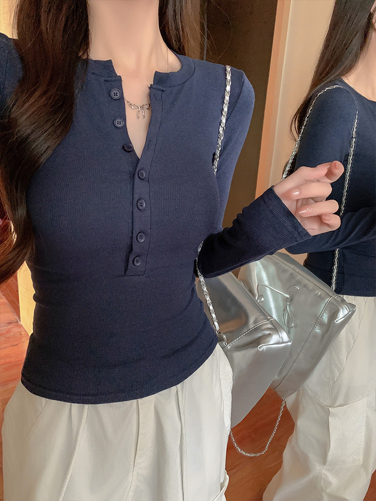 Women's Slim-Fit Long-Sleeve Top with Button Neckline