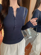 Women's Slim-Fit Long-Sleeve Top with Button Neckline