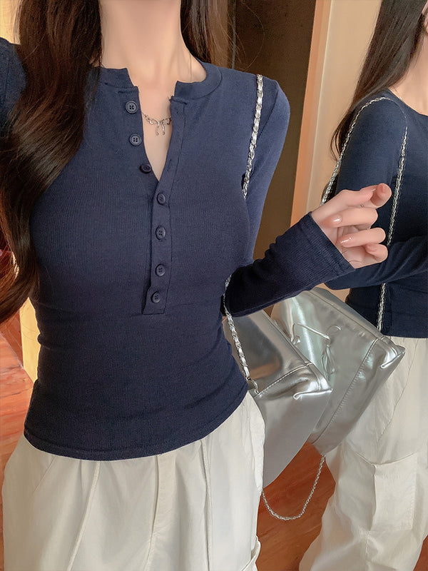 Women's Slim-Fit Long-Sleeve Top with Button Neckline