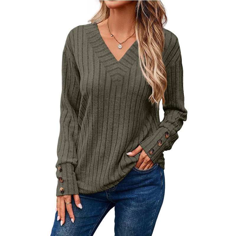 Women's Ribbed V-Neck Long-Sleeve Top – Button Detail