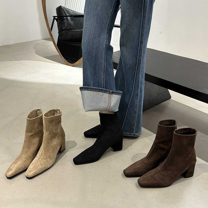 Women's Square-Toe Ankle Boots – Block Heel & Back Zip
