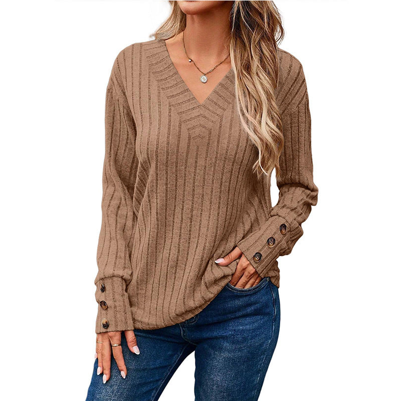 Women's Ribbed V-Neck Long-Sleeve Top – Button Detail
