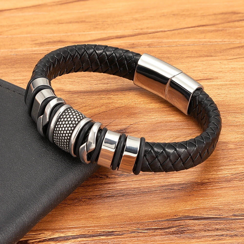 Woven Leather & Stainless-Steel Bracelet