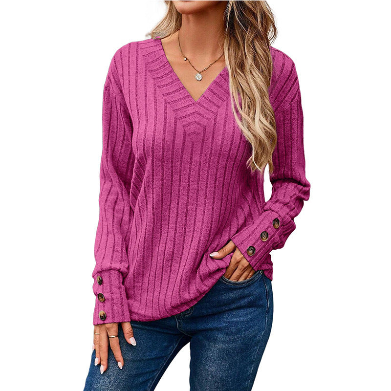 Women's Ribbed V-Neck Long-Sleeve Top – Button Detail