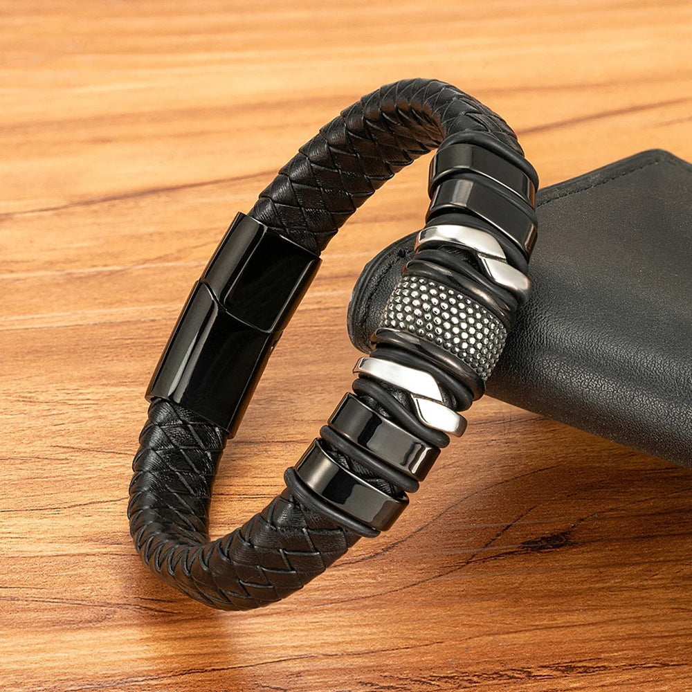 Woven Leather & Stainless-Steel Bracelet
