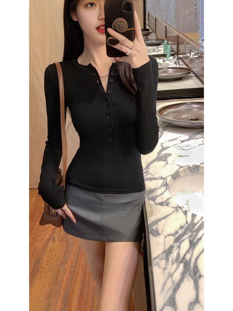 Women's Slim-Fit Long-Sleeve Top with Button Neckline