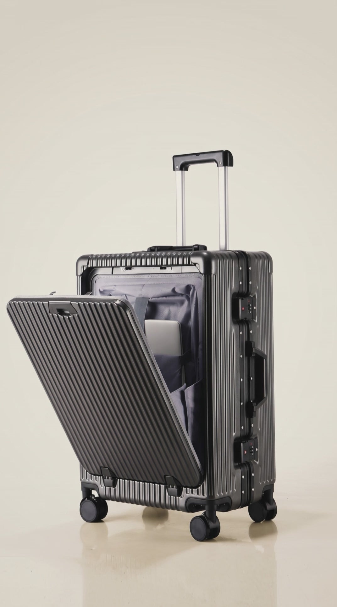 Front-opening suitcase — accessible front compartment, product motion view