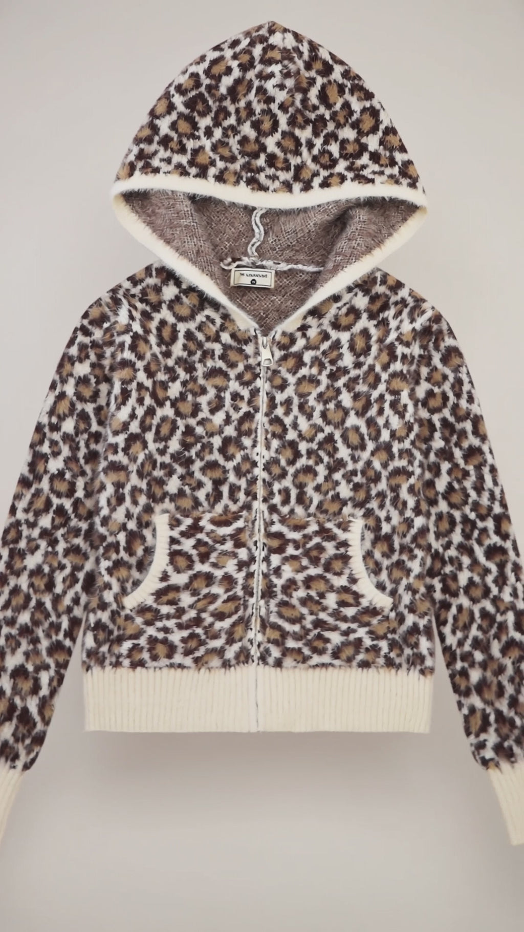 Leopard-Print Hooded Knit Sweater | Gray & Apricot — product video 1