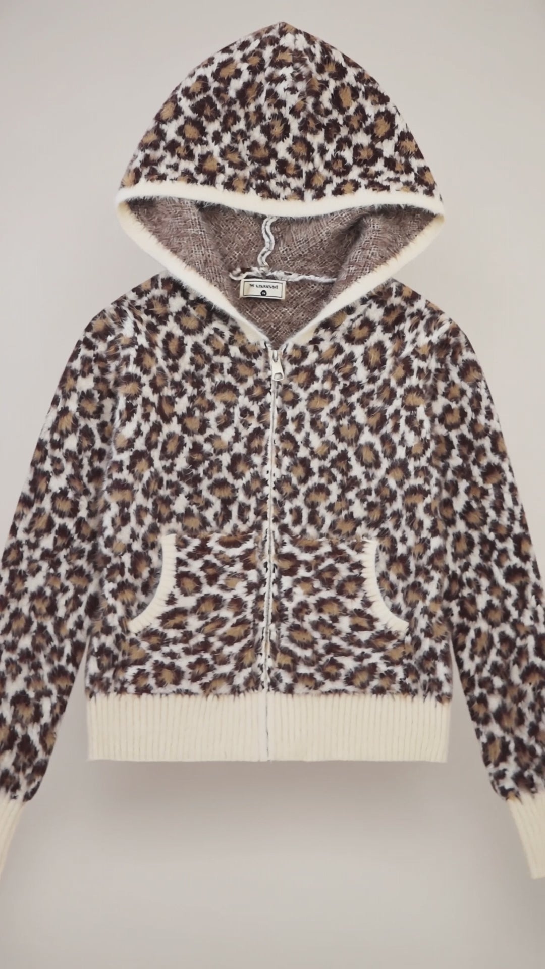 Leopard-Print Hooded Knit Sweater | Gray & Apricot — product video 1