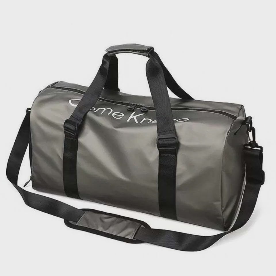 Slate-gray gym and travel bag — studio product video with instrumental music