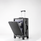 Black front-opening suitcase with extended handle and open front compartment